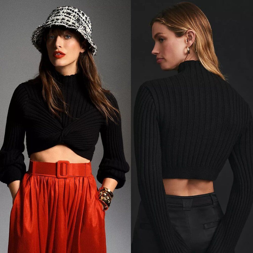 Anthropologie Cropped Mock-Neck Sweater in Black Size Small NWOT